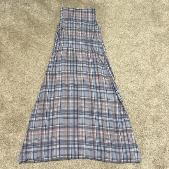 J. Jill Love Linen Dress Size Small Plaid Pink Blue Sleeveless Midi V Neck Shift - Picture 2 of 10